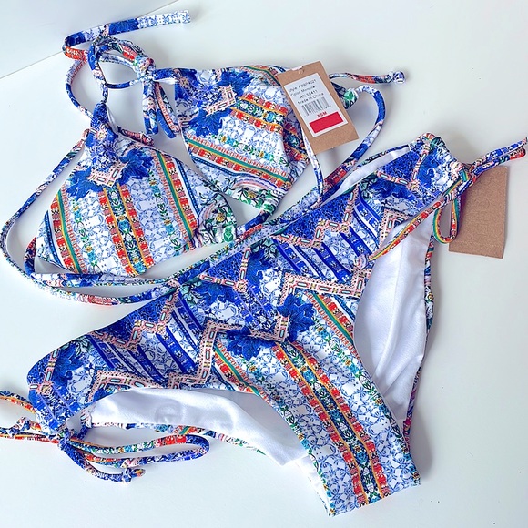 Rachel Roy triangle string bikini top Moroccan blue orange white multi XS to M - Picture 11 of 12
